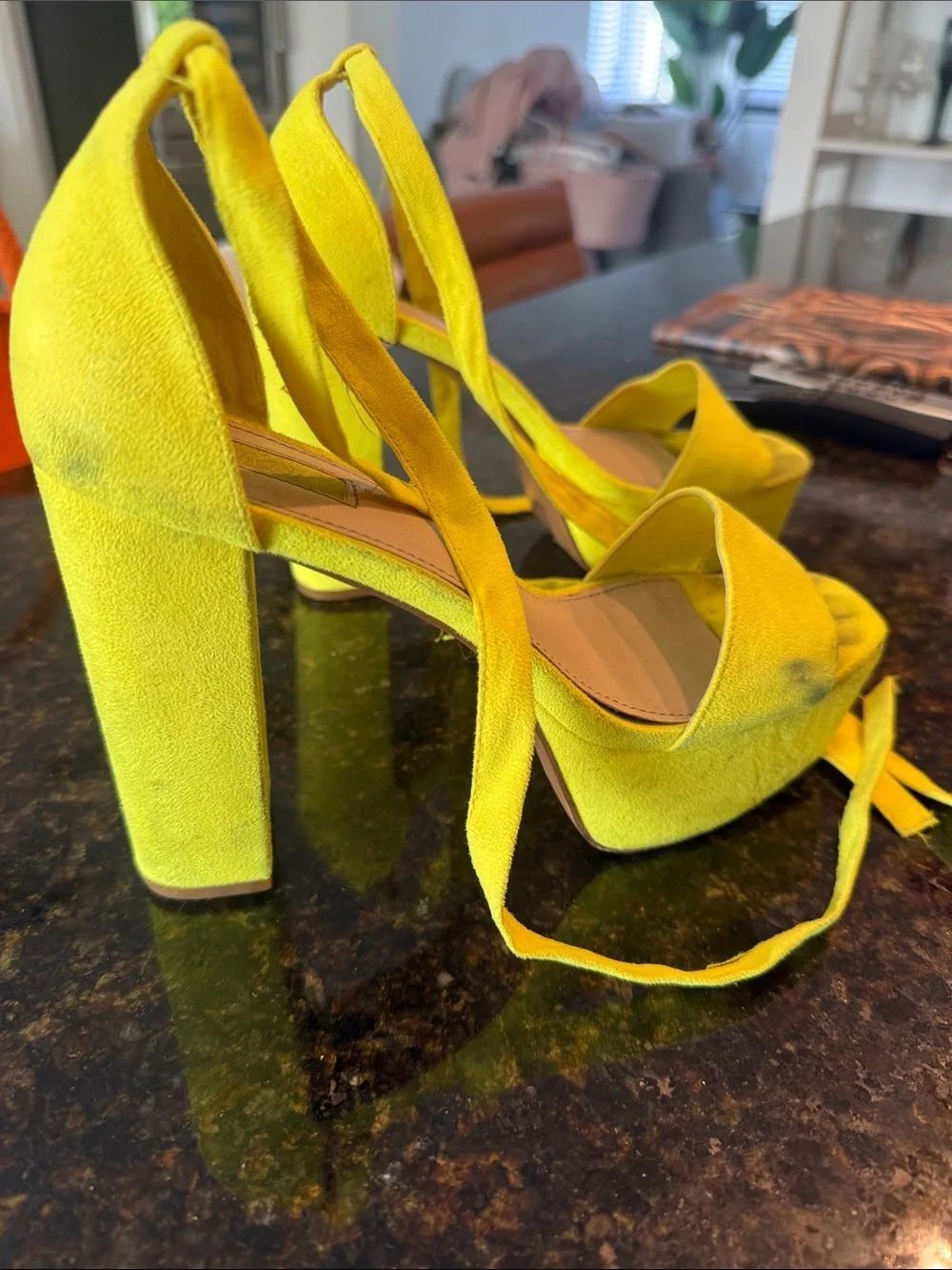 Women’s Neon Yellow Suede Strappy Heels - Platform High Heel - Size 7.5